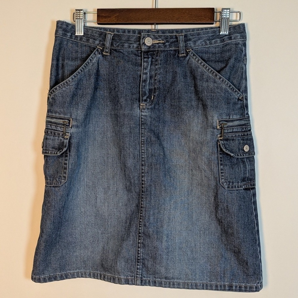 Vtg Y2K Old Navy Womens Blue Denim Cargo Skirt Med Wash Utility Size 14 Gorpcore